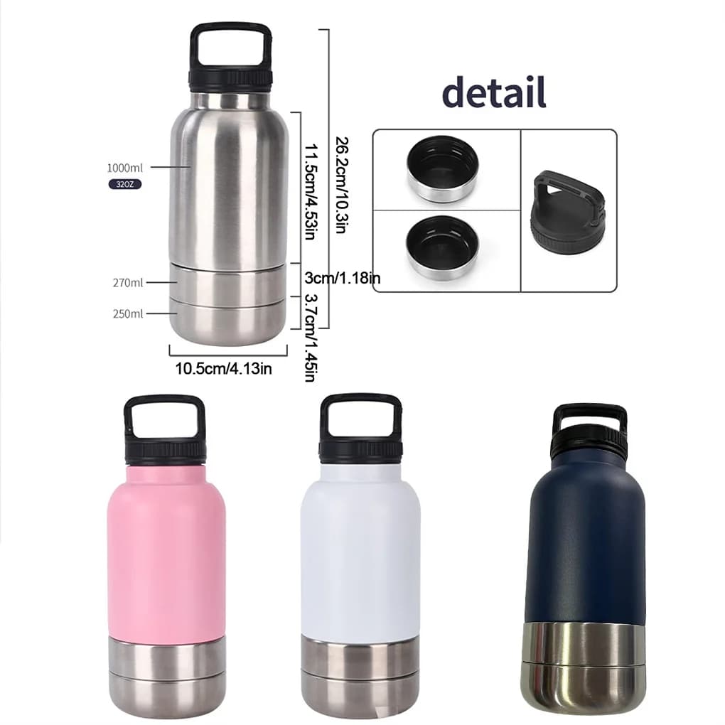 🐾 Gourde thermos de voyage en métal 3 en 1 pour chien ou chat